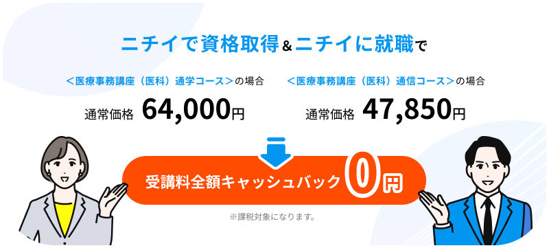 ニチイで資格取得＆ニチイに就職で＜医療事務講座（医科）通学コース＞の場合 通常価格 64,000円 ＜医療事務講座（医科）通信コース＞の場合 通常価格 47,850円 受講料全額キャッシュバック 0円 ※課税対象になります。
